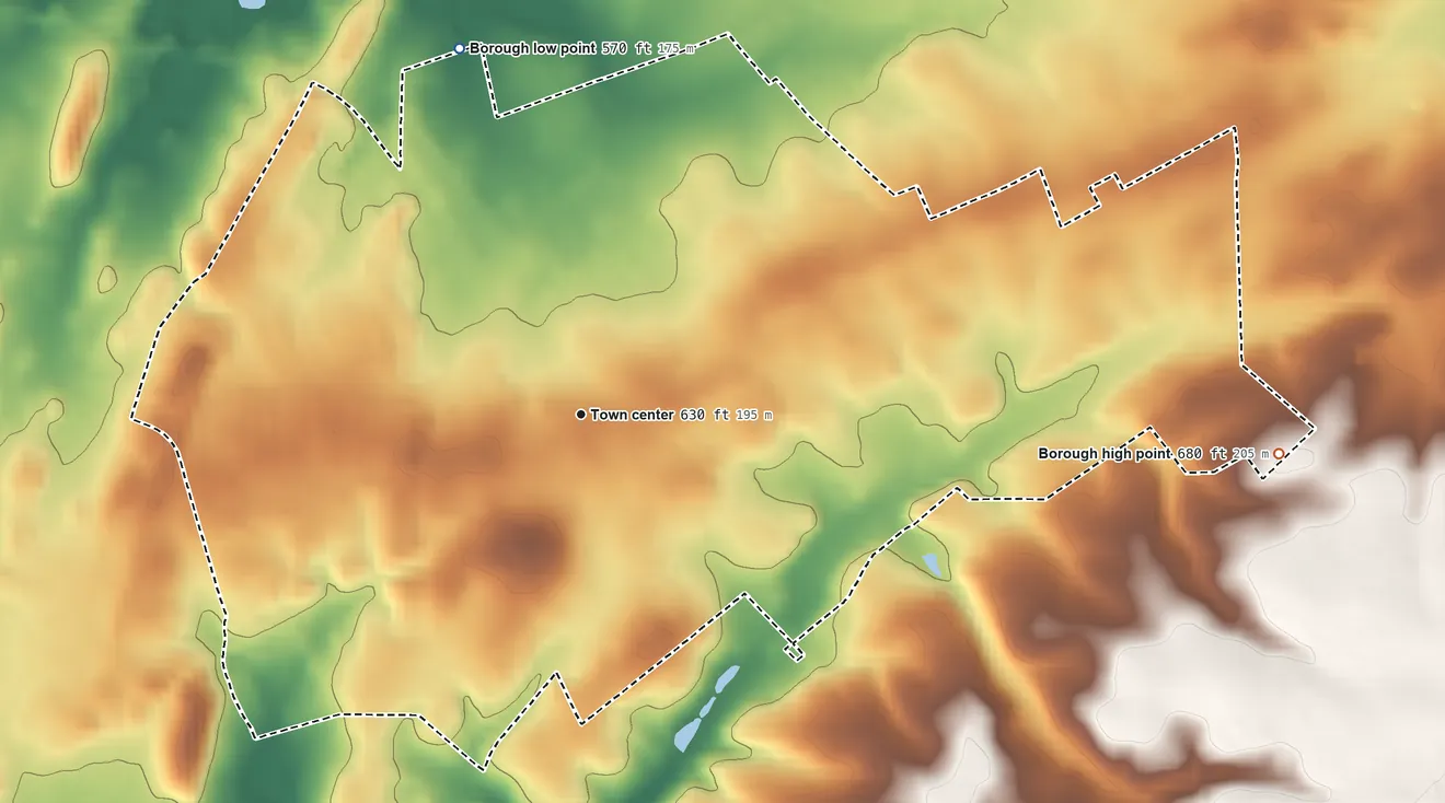 Topographic elevation map of Littlestown, Pennsylvania, shaded from 570 ft on the north side to 680 ft on the east side