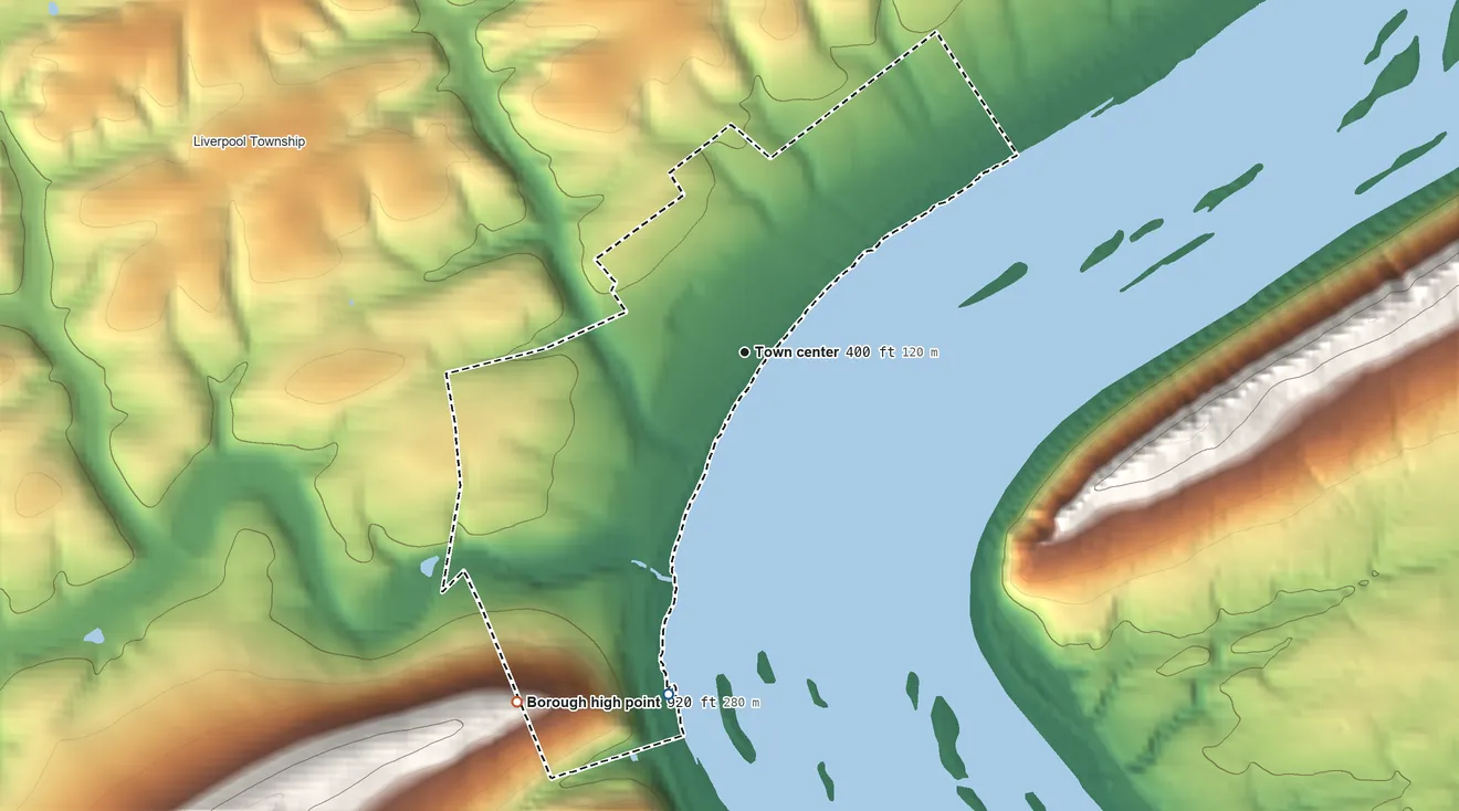 Topographic elevation map of Liverpool, Pennsylvania, shaded from 380 ft on the south side to 920 ft on the southwest edge, below higher ground just outside