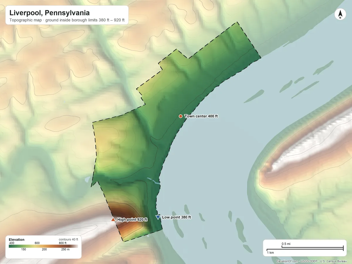 Topographic elevation map of Liverpool, Pennsylvania, shaded from 380 ft on the south side to 920 ft on the southwest edge, below higher ground just outside