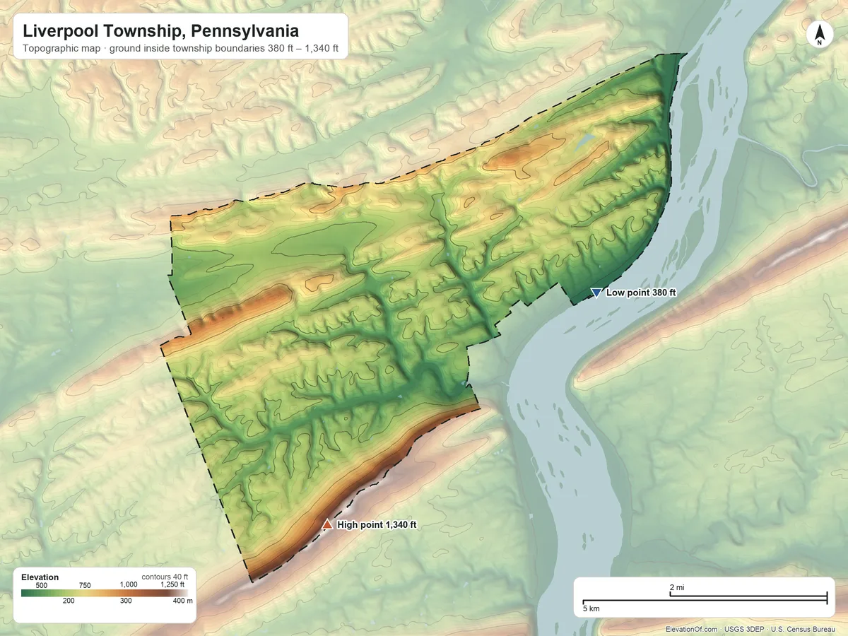 Topographic elevation map of Liverpool Township, Pennsylvania, shaded from 380 ft on the east side to 1,340 ft on Buffalo Mountain