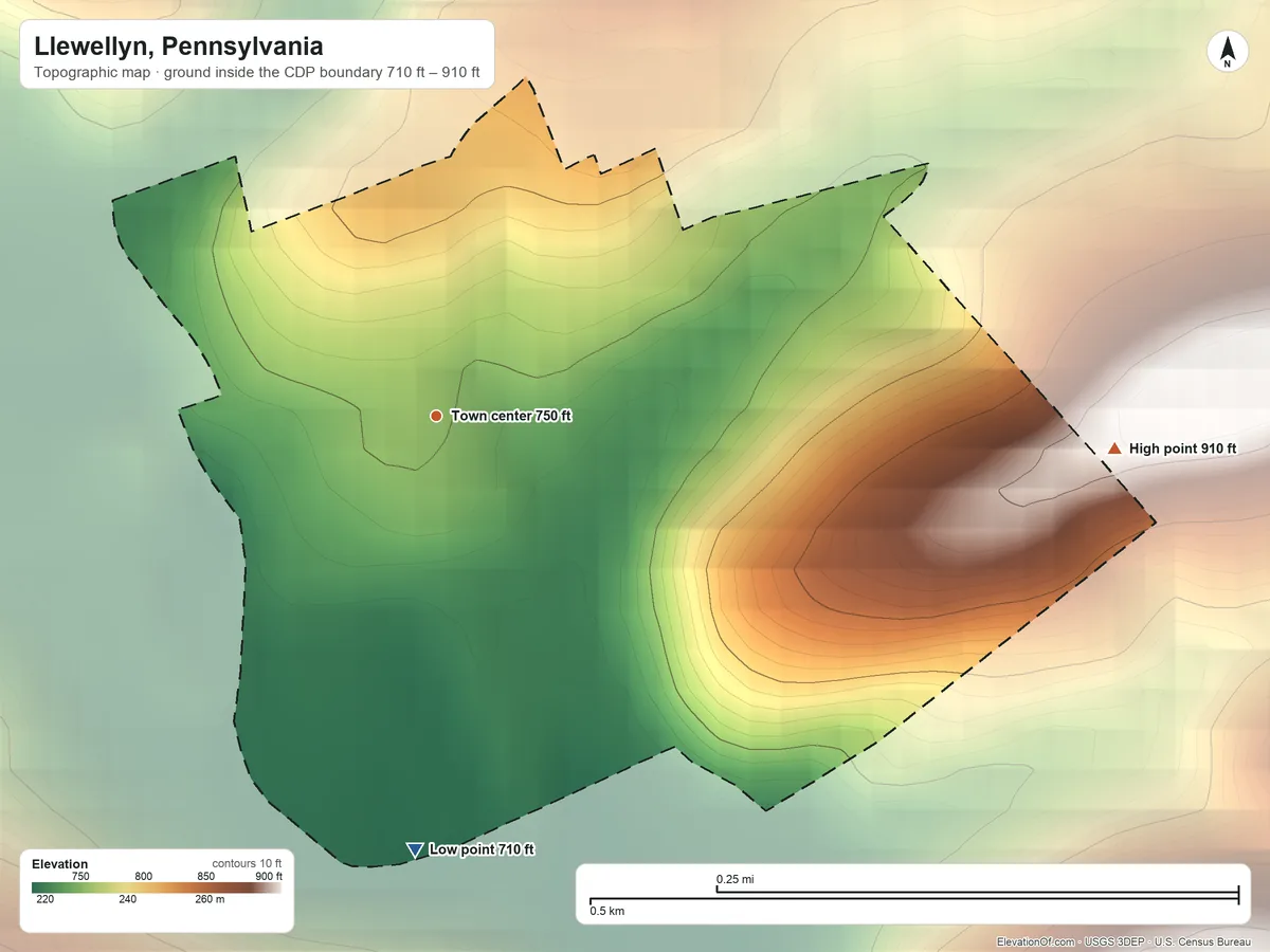 Topographic elevation map of Llewellyn, Pennsylvania, shaded from 710 ft on the south side to 910 ft at the foot of the Broad Mountain