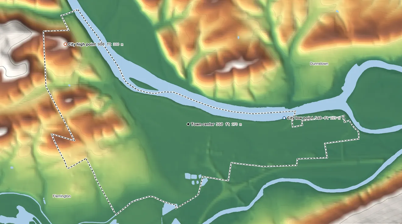 Topographic elevation map of Lock Haven, Pennsylvania, shaded from 540 ft on the east side to 980 ft on the northwest edge, below higher ground just outside