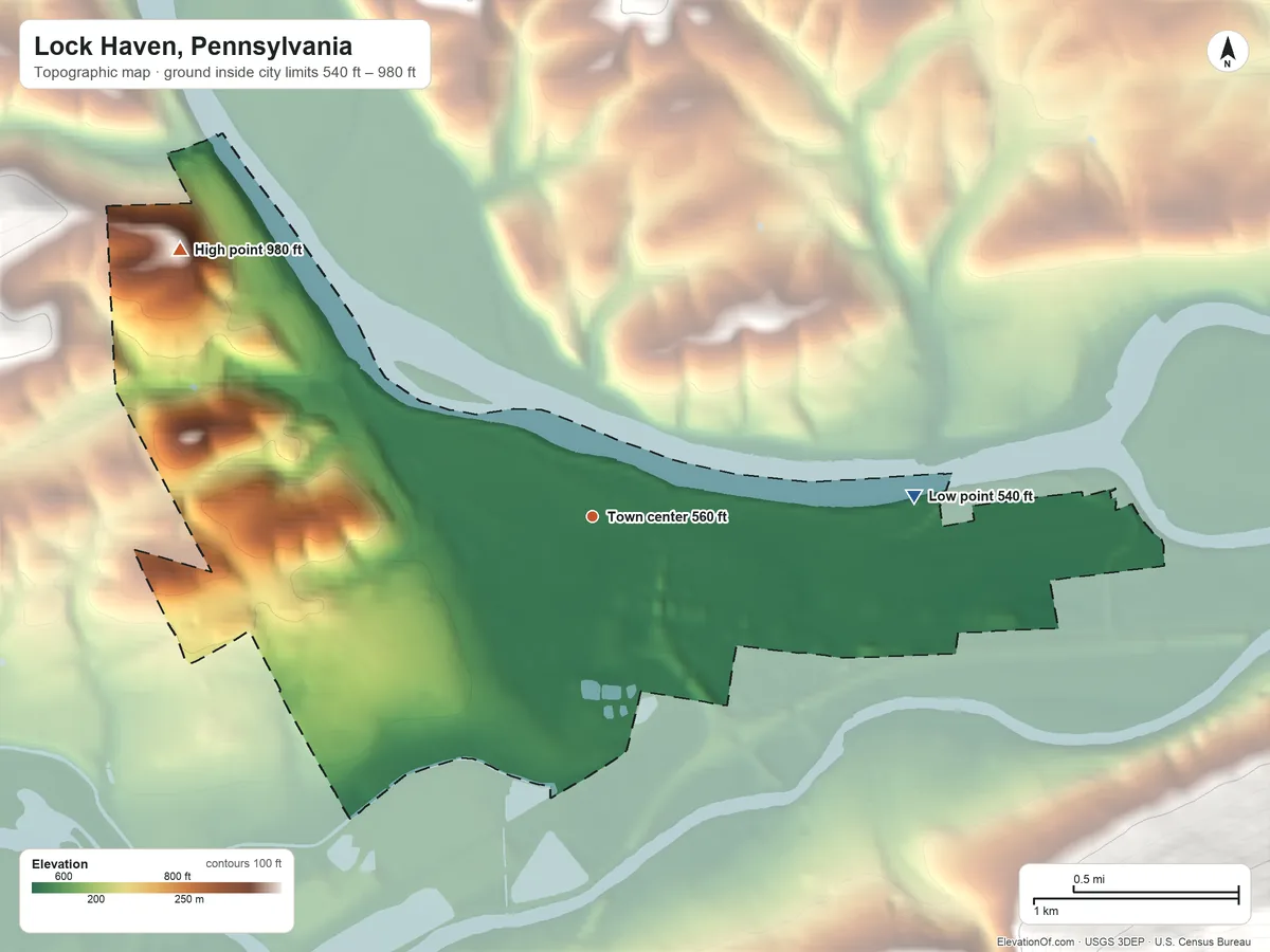 Topographic elevation map of Lock Haven, Pennsylvania, shaded from 540 ft on the east side to 980 ft on the northwest edge, below higher ground just outside