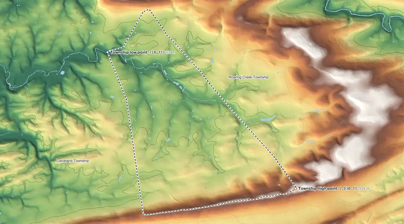 Topographic elevation map of Locust Township, Pennsylvania, shaded from 710 ft on the northwest side to 1,830 ft on the southeast side