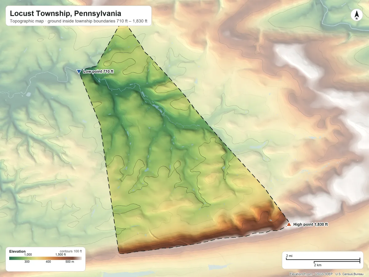 Topographic elevation map of Locust Township, Pennsylvania, shaded from 710 ft on the northwest side to 1,830 ft on the southeast side