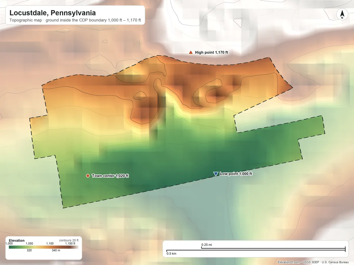 Topographic elevation map of Locustdale, Pennsylvania, shaded from 1,000 ft on the east side to 1,170 ft at the foot of the Little Mountain