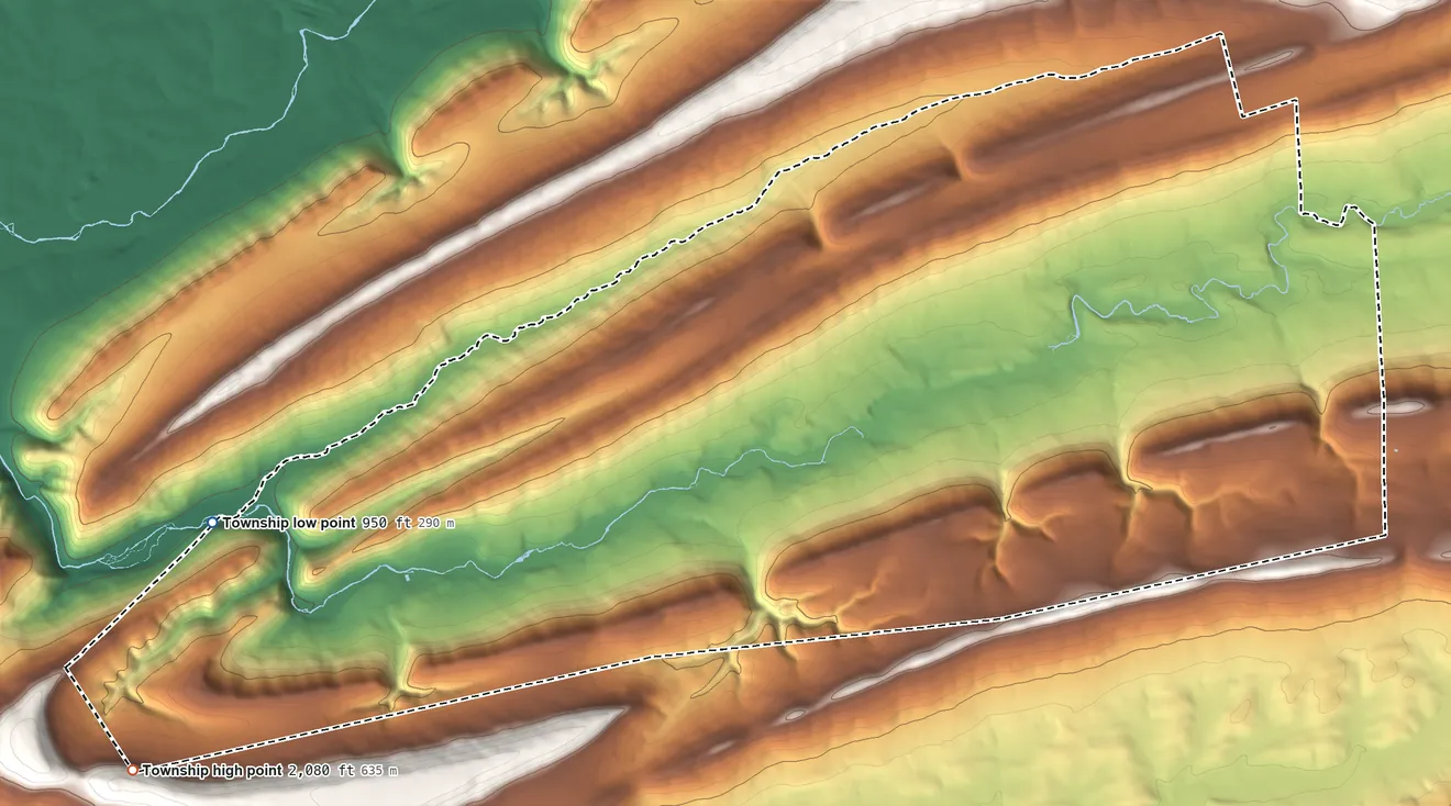 Topographic elevation map of Logan Township, Clinton County, Pennsylvania, shaded from 950 ft on the west side to 2,080 ft on the southwest side