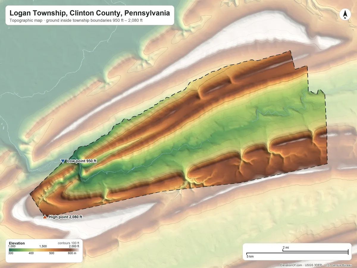 Topographic elevation map of Logan Township, Clinton County, Pennsylvania, shaded from 950 ft on the west side to 2,080 ft on the southwest side