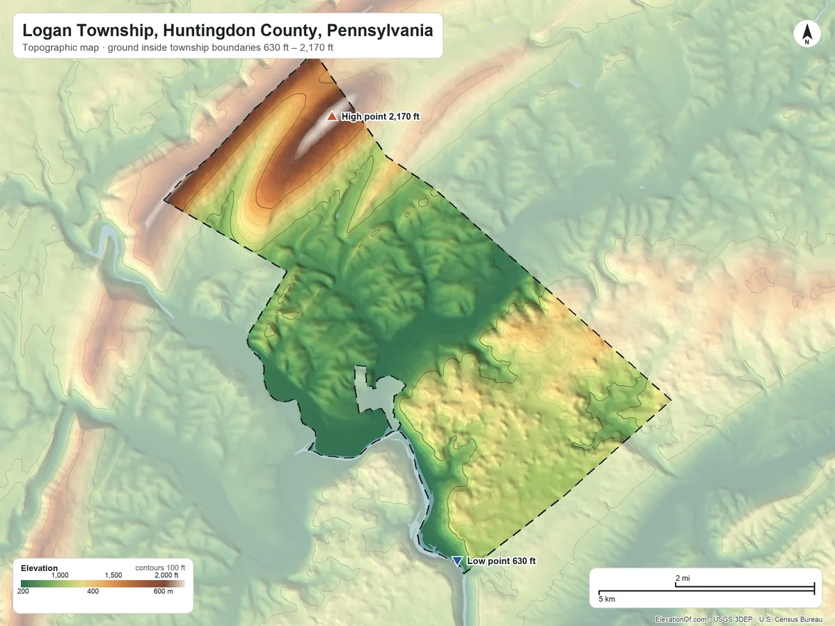 Topographic elevation map of Logan Township, Huntingdon County, Pennsylvania, shaded from 630 ft on the south side to 2,170 ft on Round Top