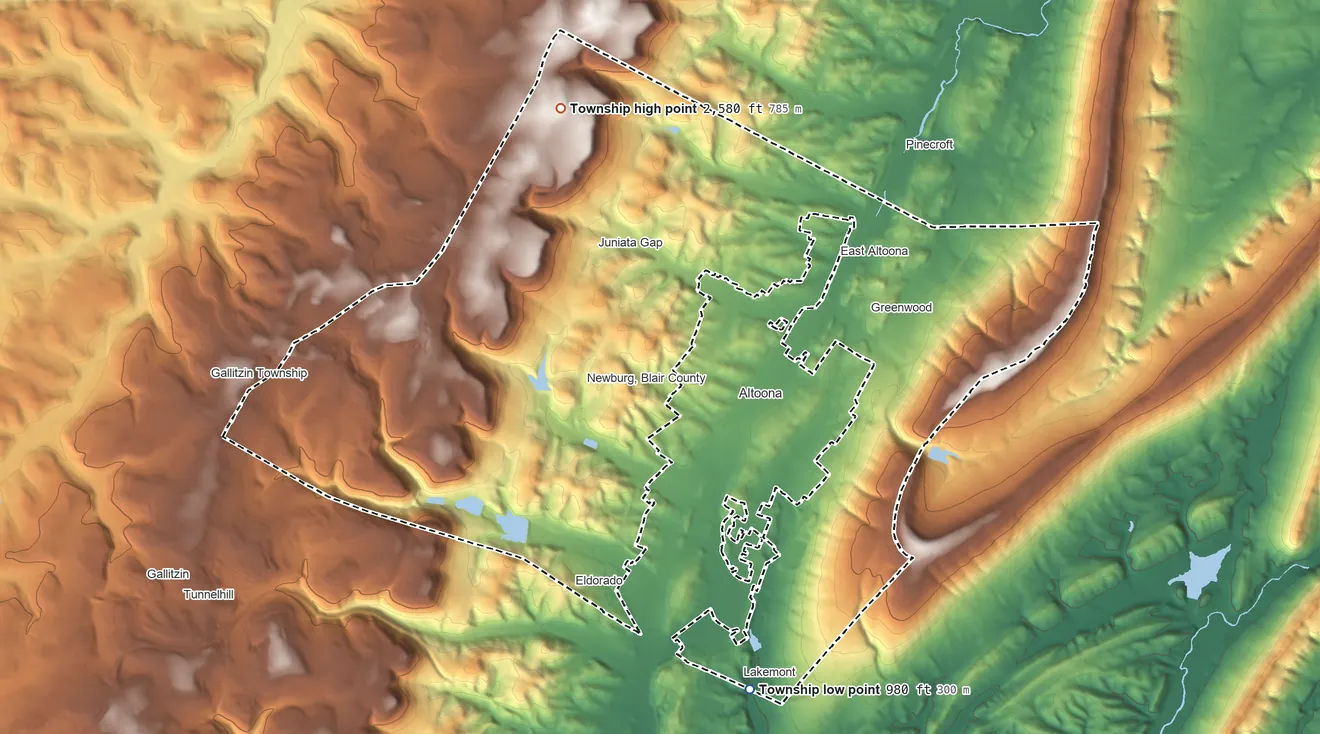 Topographic elevation map of Logan Township, Pennsylvania, shaded from 980 ft on the south side to 2,580 ft on the northwest side