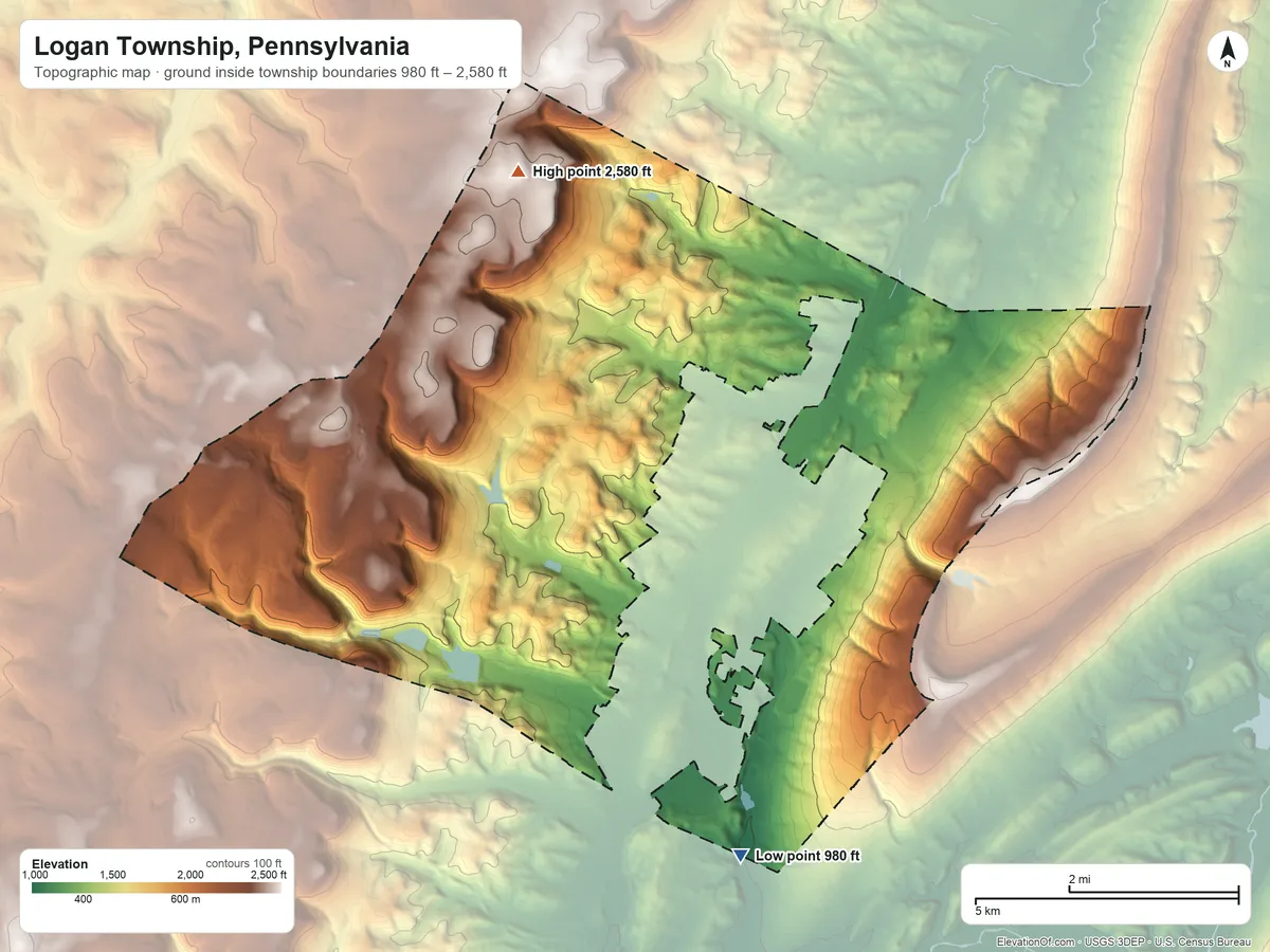 Topographic elevation map of Logan Township, Pennsylvania, shaded from 980 ft on the south side to 2,580 ft on the northwest side