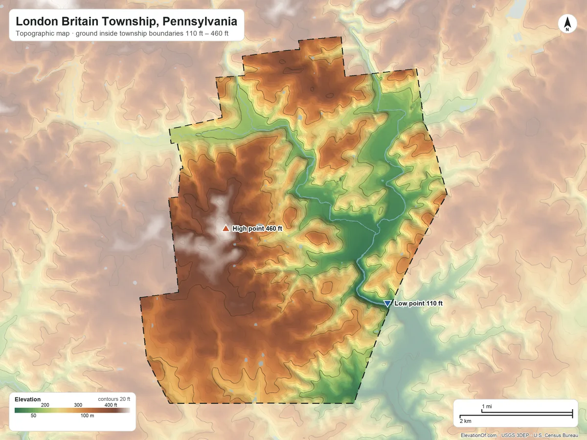 Topographic elevation map of London Britain Township, Pennsylvania, shaded from 110 ft on the southeast side to 460 ft near the middle
