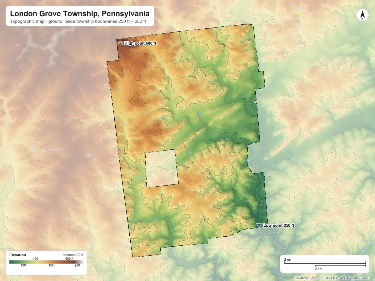 Topographic elevation map of London Grove Township, Pennsylvania, shaded from 250 ft on the southeast side to 680 ft on the northwest side