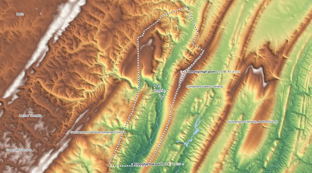 Topographic elevation map of Londonderry Township, Bedford County, Pennsylvania, shaded from 720 ft on the southwest side to 2,770 ft on Wills Mountain