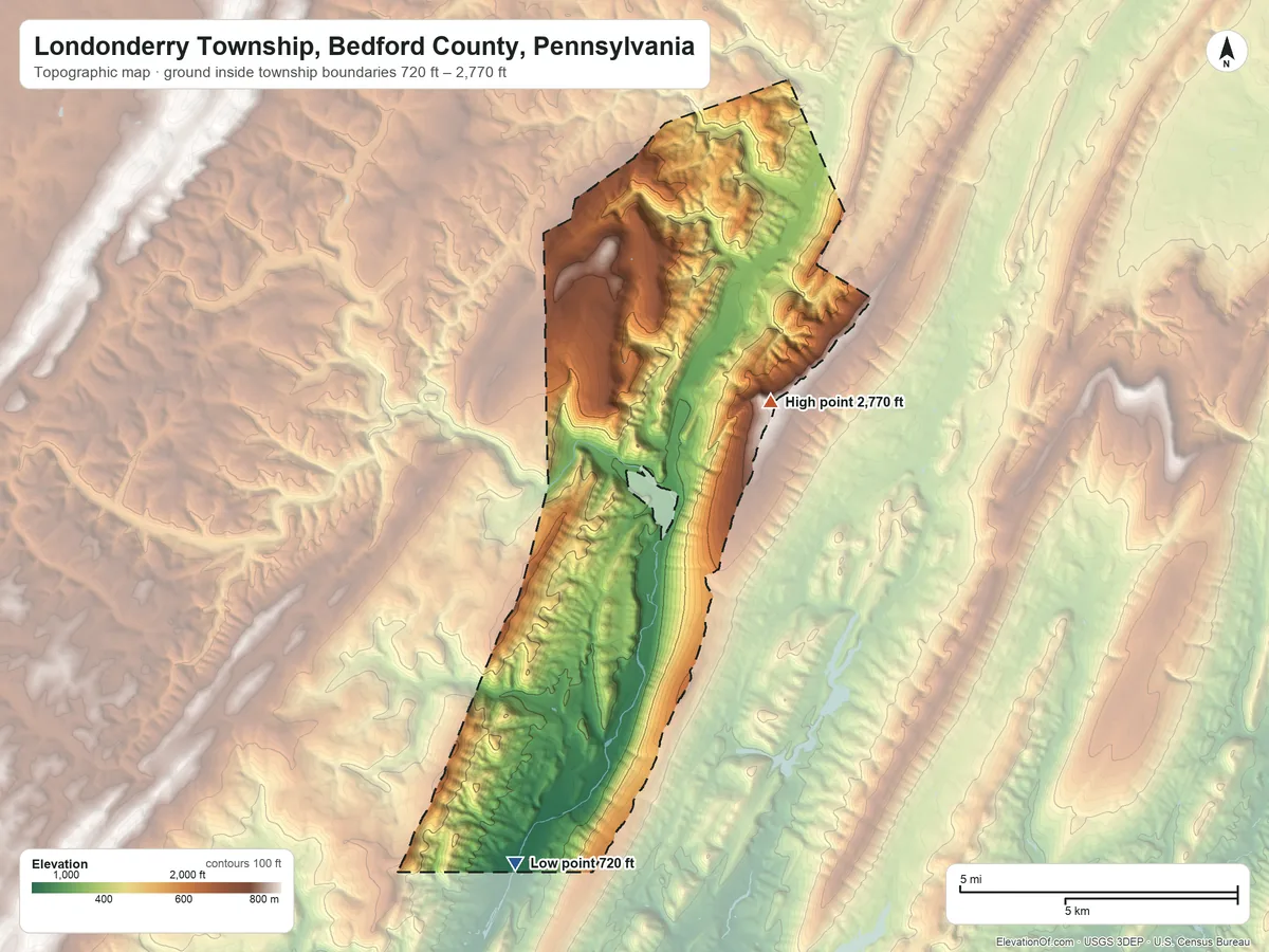 Topographic elevation map of Londonderry Township, Bedford County, Pennsylvania, shaded from 720 ft on the southwest side to 2,770 ft on Wills Mountain