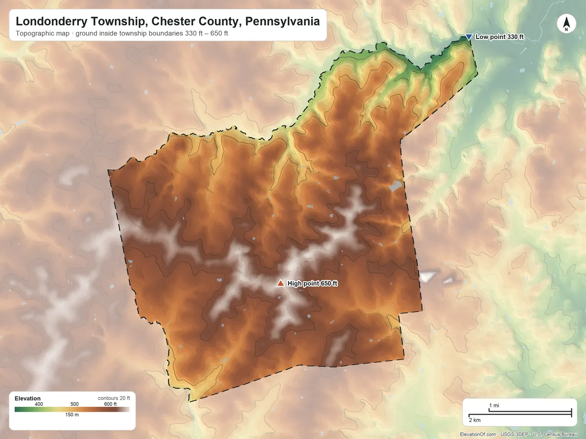 Topographic elevation map of Londonderry Township, Chester County, Pennsylvania, shaded from 330 ft on the northeast side to 650 ft near the middle