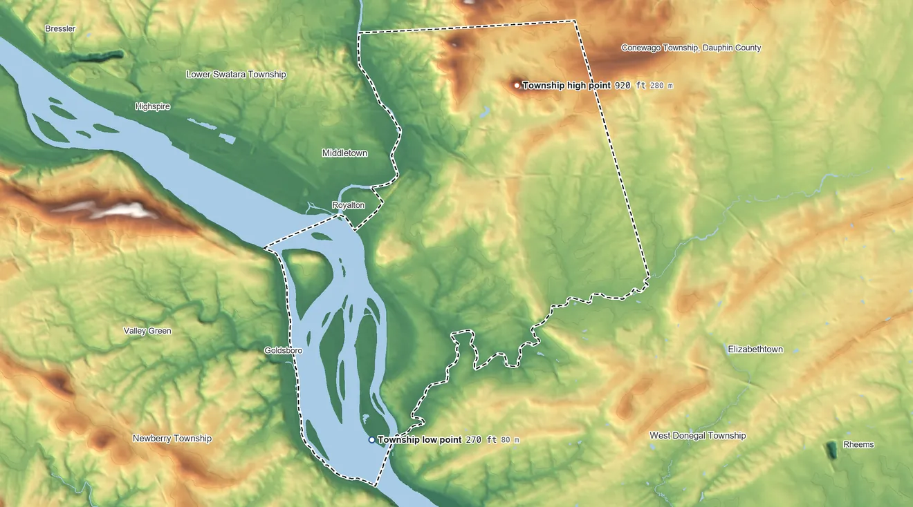 Topographic elevation map of Londonderry Township, Pennsylvania, shaded from 270 ft on the southwest side to 920 ft on Round Top