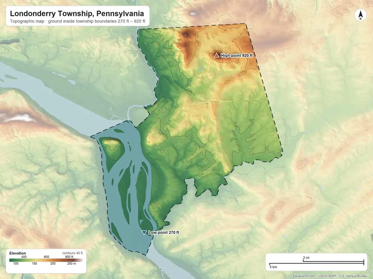 Topographic elevation map of Londonderry Township, Pennsylvania, shaded from 270 ft on the southwest side to 920 ft on Round Top