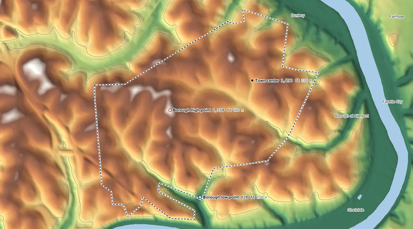 Topographic elevation map of Long Branch, Pennsylvania, shaded from 820 ft on the southwest side to 1,310 ft on the west side