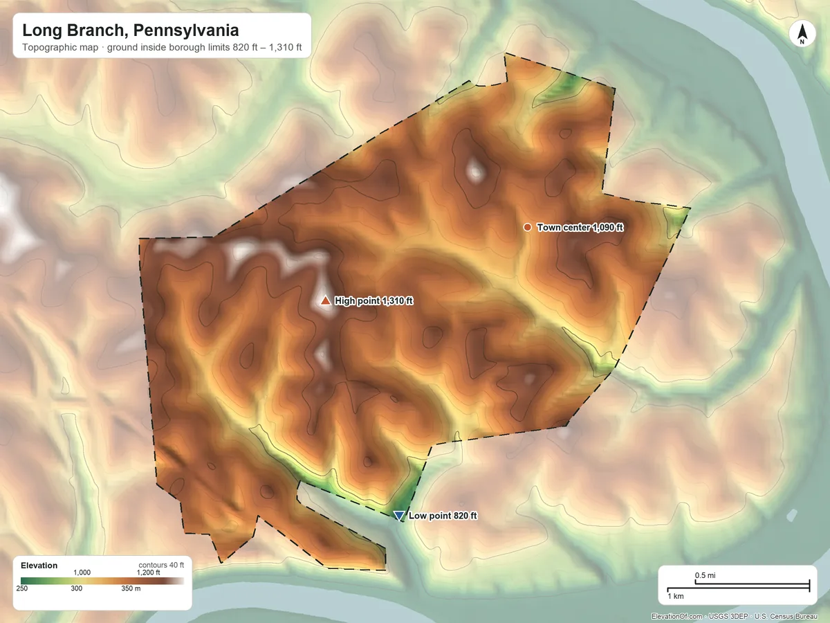 Topographic elevation map of Long Branch, Pennsylvania, shaded from 820 ft on the southwest side to 1,310 ft on the west side