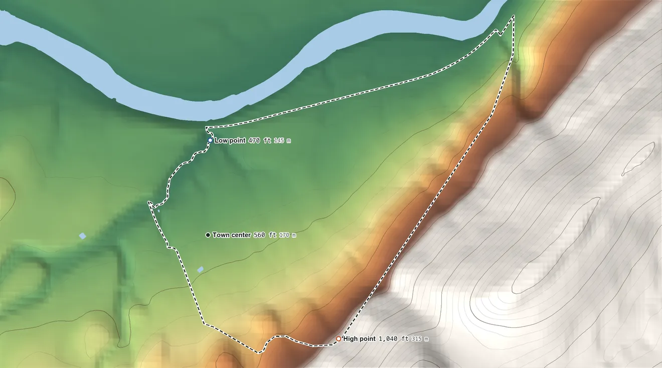 Topographic elevation map of Longfellow, Pennsylvania, shaded from 470 ft on the north side to 1,040 ft at the foot of the Jacks Mountain