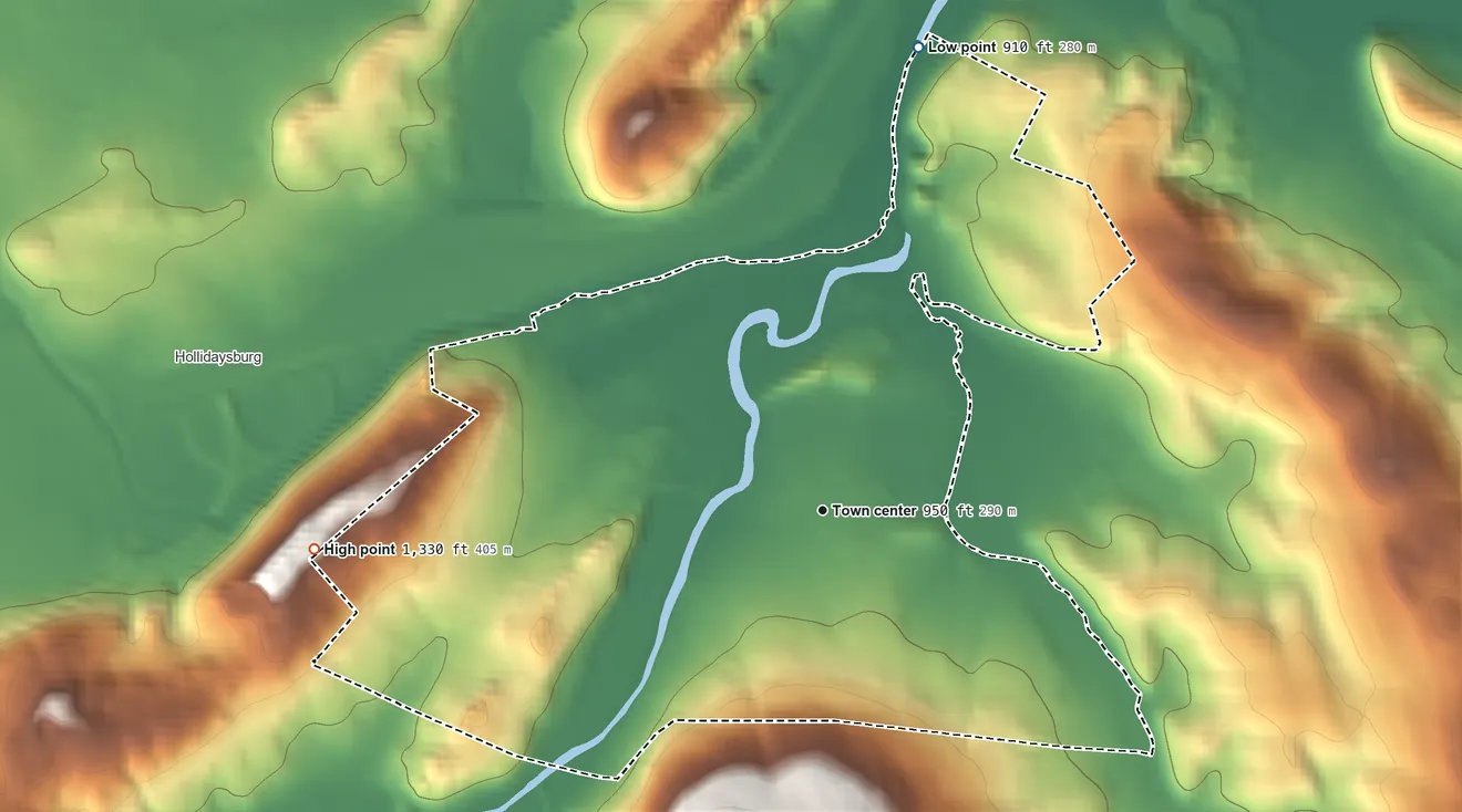 Topographic elevation map of Loop, Pennsylvania, shaded from 910 ft on the north side to 1,330 ft on the west edge, below higher ground just outside