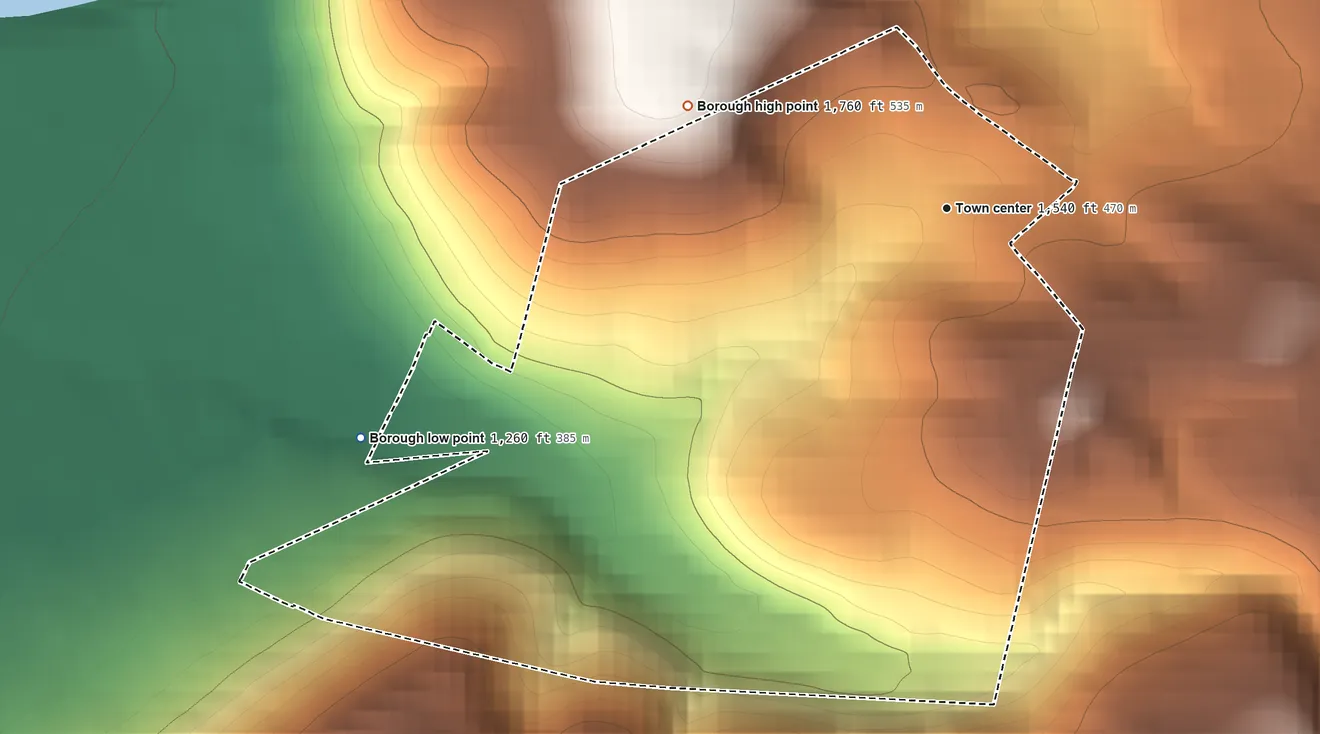 Topographic elevation map of Lorain, Pennsylvania, shaded from 1,260 ft on the west side to 1,760 ft on the west side