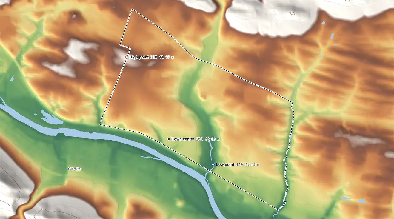Topographic elevation map of Lorane, Pennsylvania, shaded from 150 ft on the southeast side to 310 ft on the northwest edge, below higher ground just outside