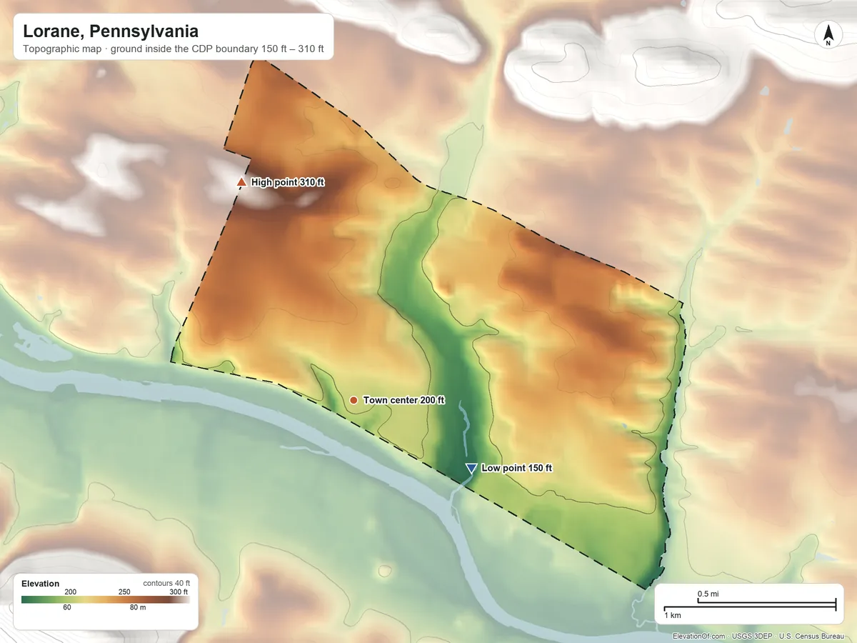 Topographic elevation map of Lorane, Pennsylvania, shaded from 150 ft on the southeast side to 310 ft on the northwest edge, below higher ground just outside