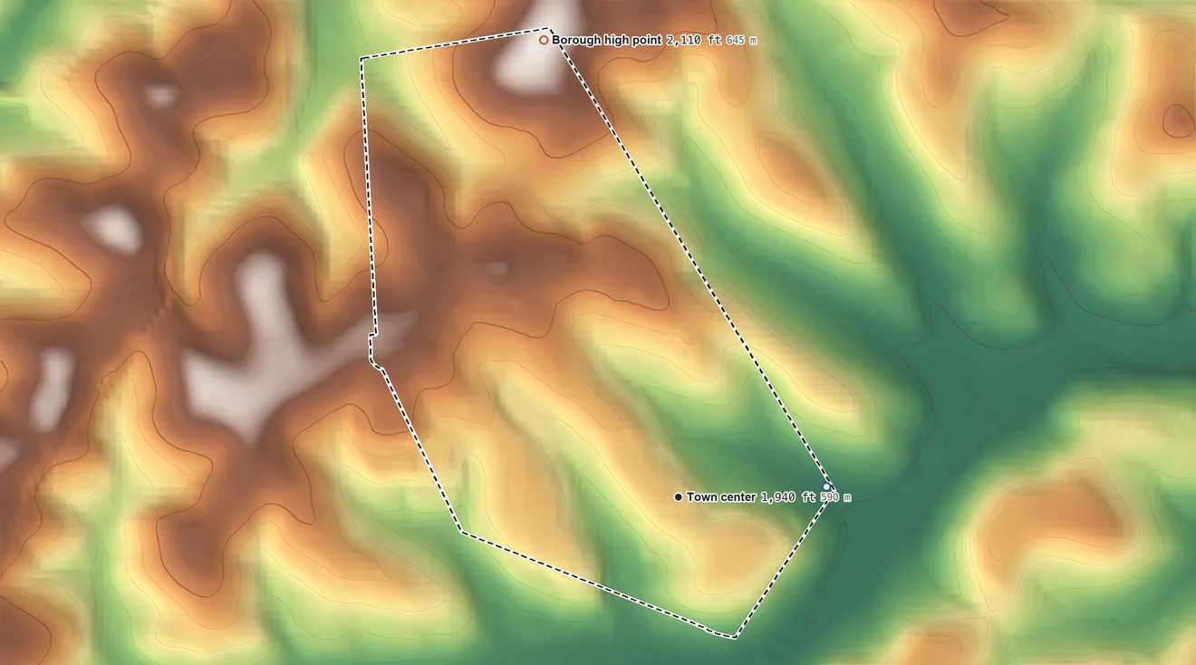 Topographic elevation map of Loretto, Pennsylvania, shaded from 1,810 ft on the east side to 2,110 ft on the north side