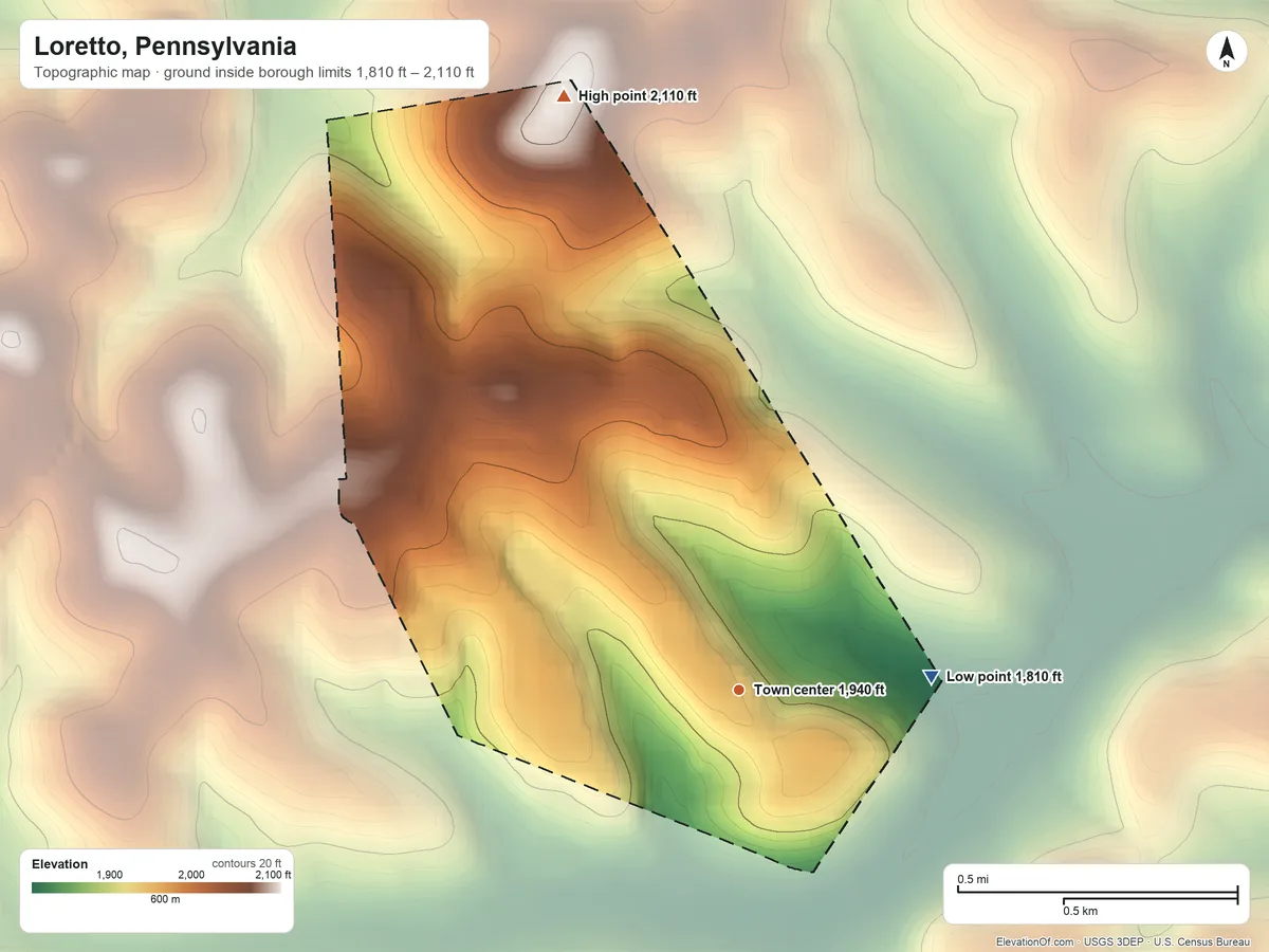 Topographic elevation map of Loretto, Pennsylvania, shaded from 1,810 ft on the east side to 2,110 ft on the north side