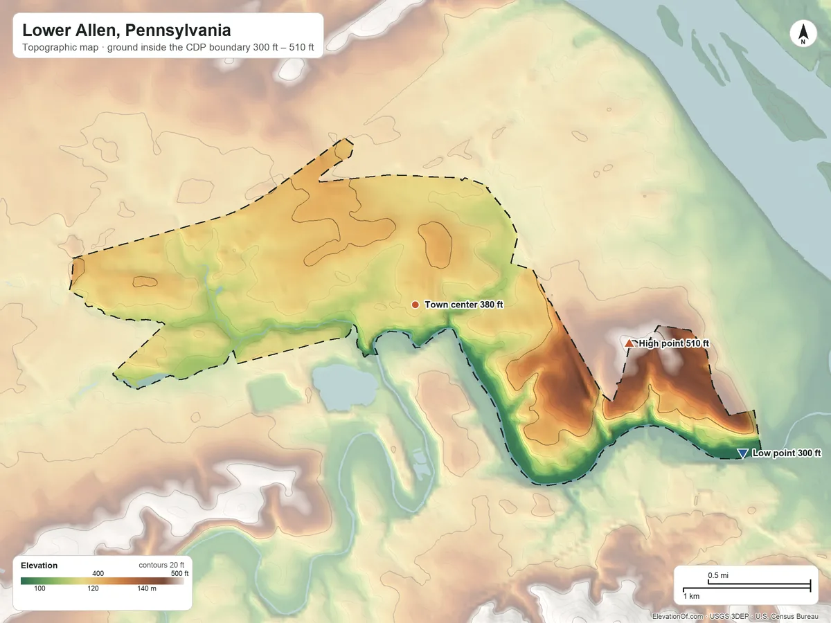 Topographic elevation map of Lower Allen, Pennsylvania, shaded from 300 ft on the southeast side to 510 ft on the east side