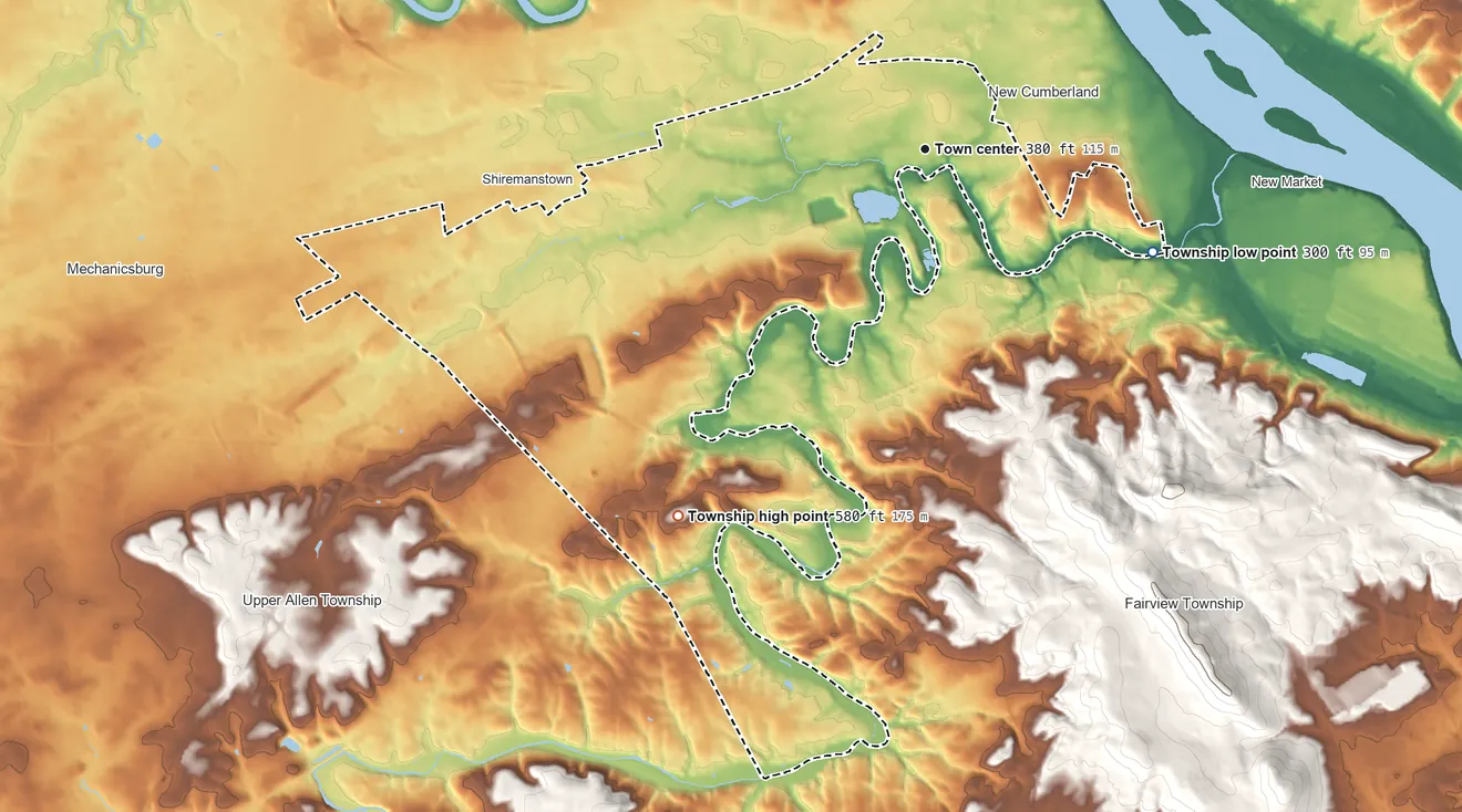 Topographic elevation map of Lower Allen Township, Pennsylvania, shaded from 300 ft on the southeast side to 580 ft on the southwest side