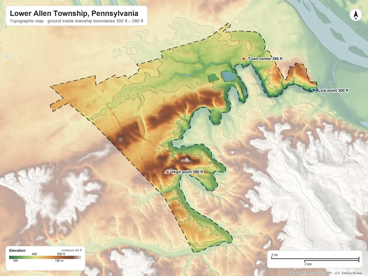 Topographic elevation map of Lower Allen Township, Pennsylvania, shaded from 300 ft on the southeast side to 580 ft on the southwest side