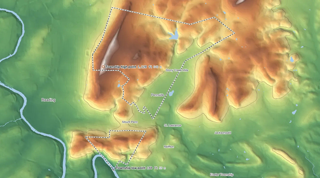 Topographic elevation map of Lower Alsace Township, Pennsylvania, shaded from 180 ft on the southwest side to 1,119 ft on Mount Penn