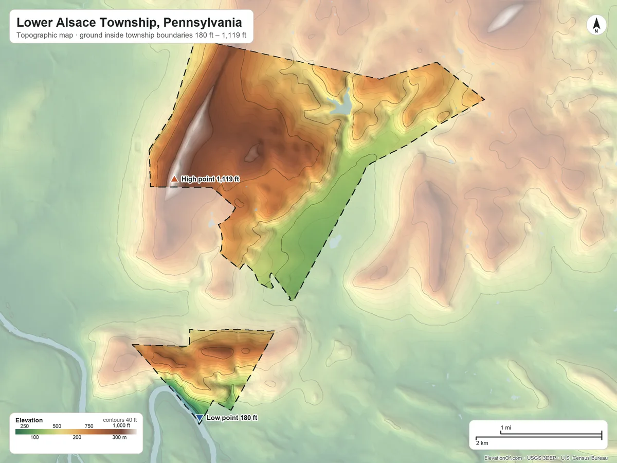 Topographic elevation map of Lower Alsace Township, Pennsylvania, shaded from 180 ft on the southwest side to 1,119 ft on Mount Penn
