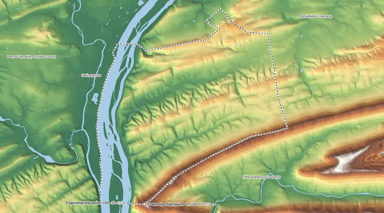 Topographic elevation map of Lower Augusta Township, Pennsylvania, shaded from 400 ft on the southwest side to 1,540 ft on the southwest side