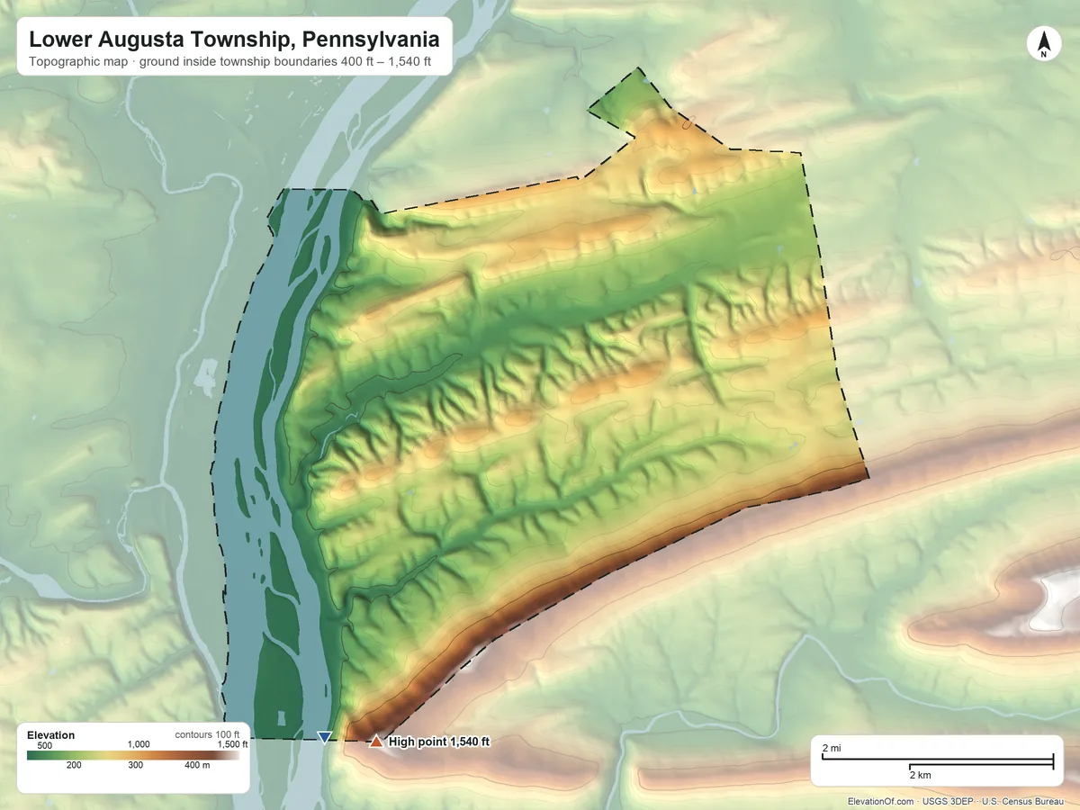 Topographic elevation map of Lower Augusta Township, Pennsylvania, shaded from 400 ft on the southwest side to 1,540 ft on the southwest side