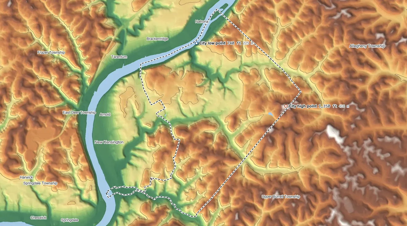 Topographic elevation map of Lower Burrell, Pennsylvania, shaded from 740 ft on the north side to 1,350 ft on the east side