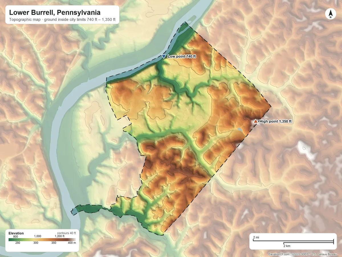 Topographic elevation map of Lower Burrell, Pennsylvania, shaded from 740 ft on the north side to 1,350 ft on the east side