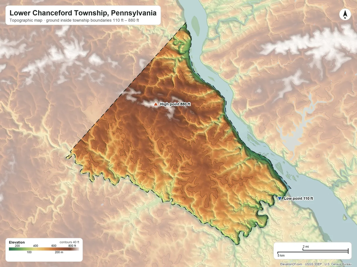 Topographic elevation map of Lower Chanceford Township, Pennsylvania, shaded from 110 ft on the southeast side to 880 ft on the northwest side