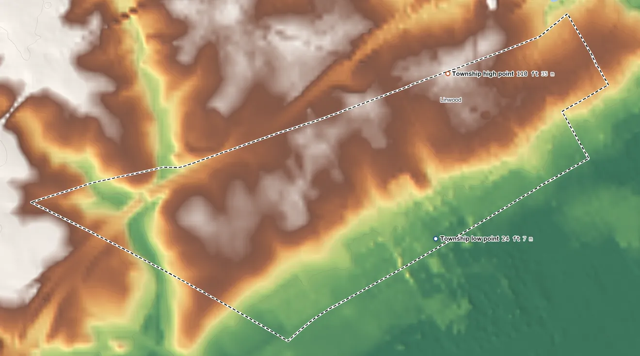 Topographic elevation map of Lower Chichester Township, Pennsylvania, shaded from 24 ft on the south side to 110 ft near the middle