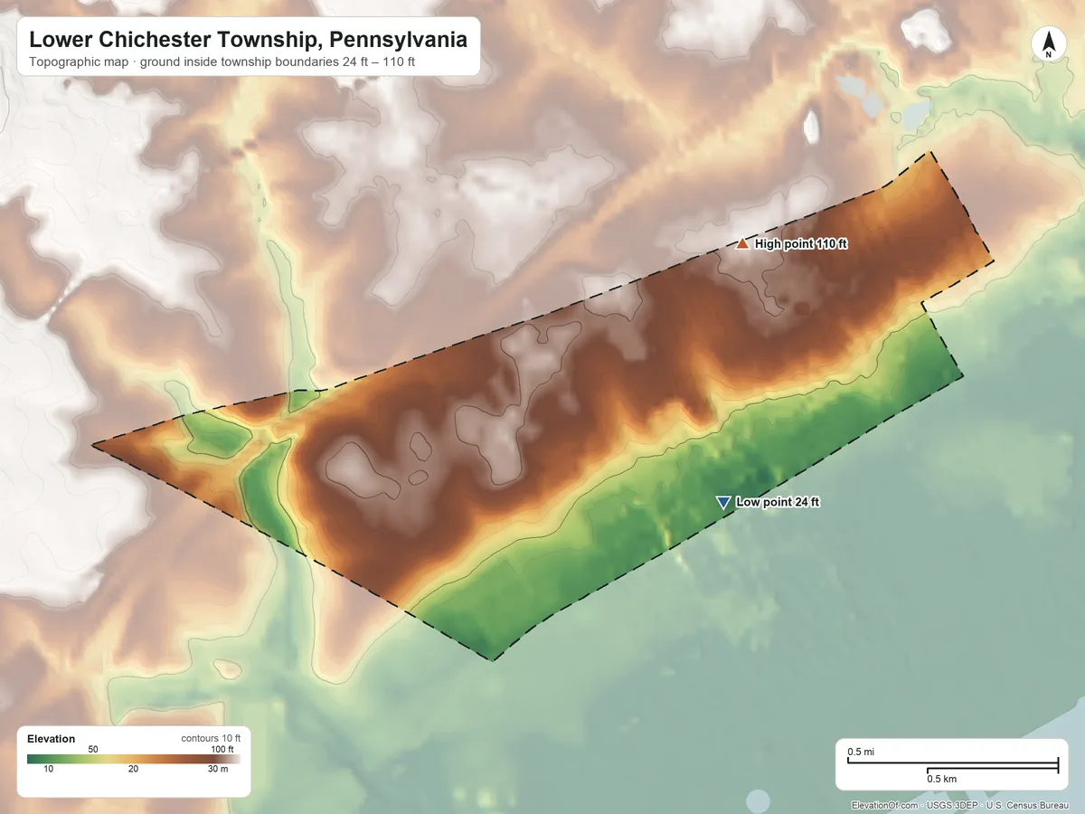 Topographic elevation map of Lower Chichester Township, Pennsylvania, shaded from 24 ft on the south side to 110 ft near the middle