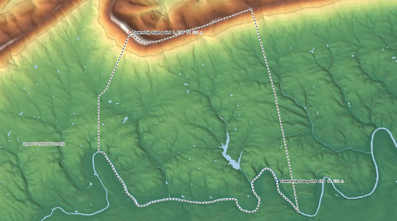 Topographic elevation map of Lower Frankford Township, Pennsylvania, shaded from 420 ft on the southeast side to 1,750 ft on the northwest side