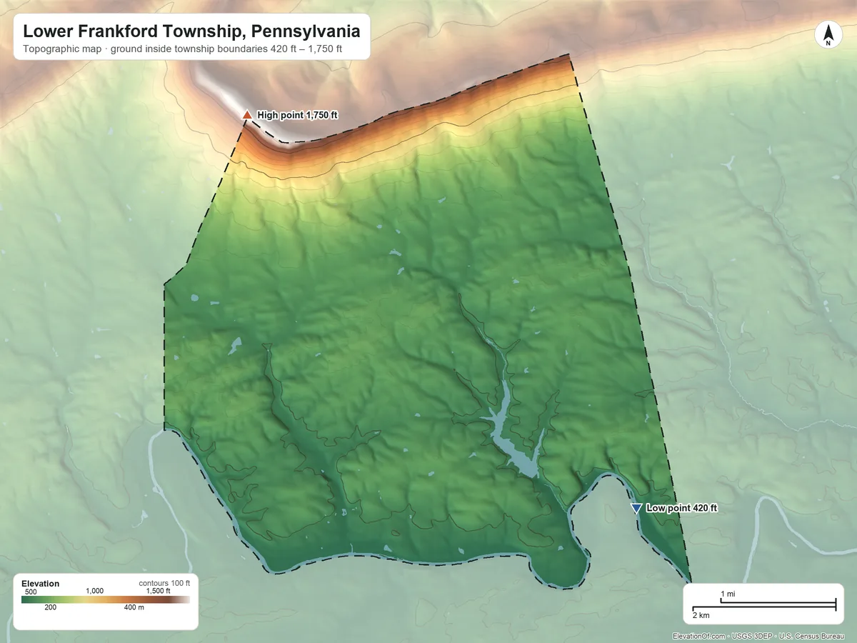 Topographic elevation map of Lower Frankford Township, Pennsylvania, shaded from 420 ft on the southeast side to 1,750 ft on the northwest side