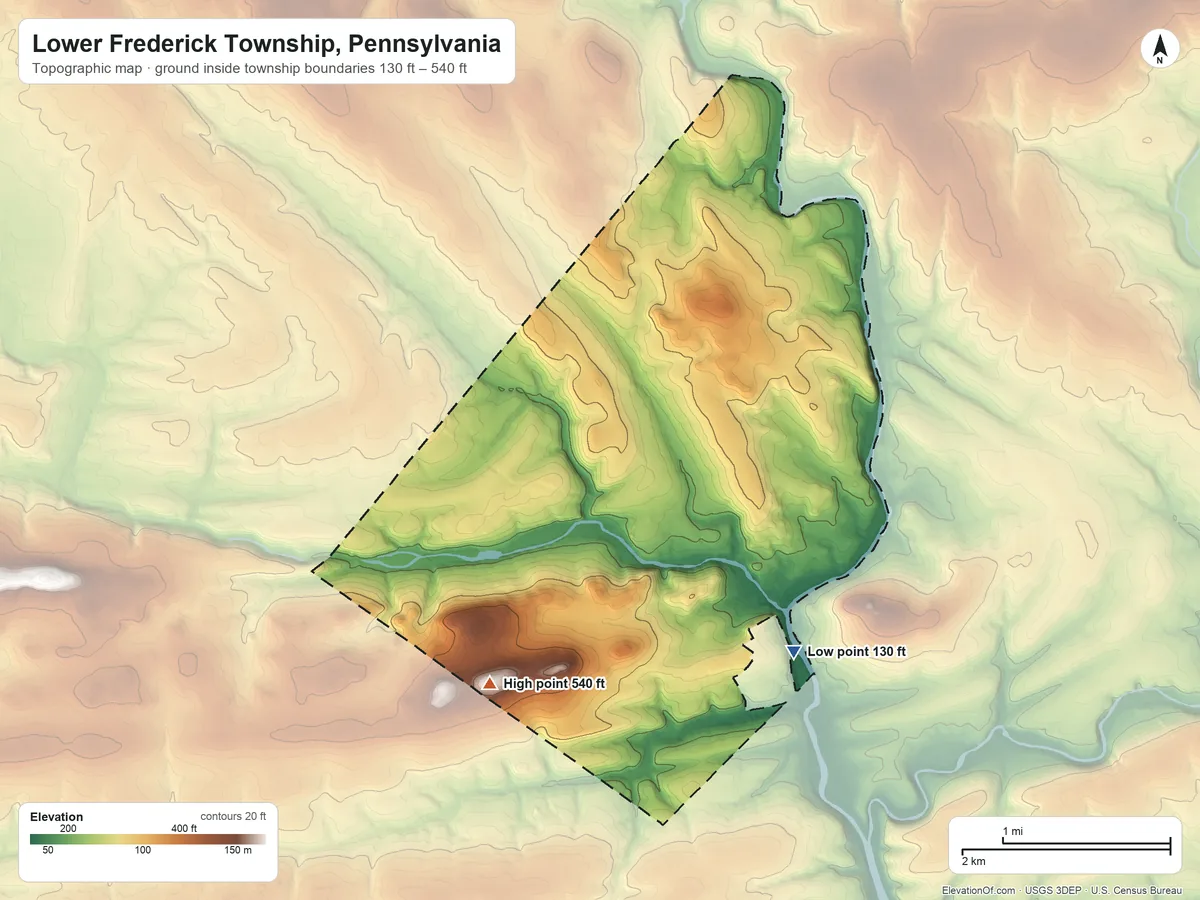 Topographic elevation map of Lower Frederick Township, Pennsylvania, shaded from 130 ft on the south side to 540 ft on the southwest side