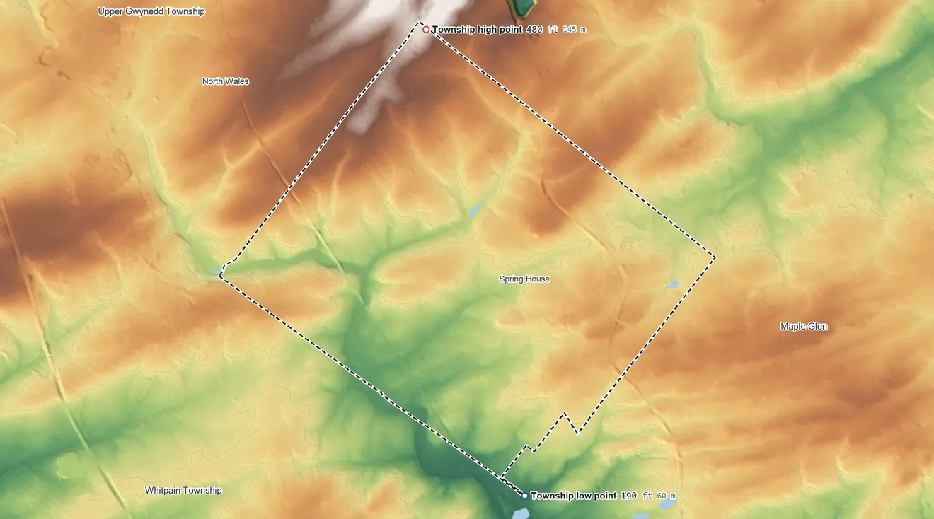 Topographic elevation map of Lower Gwynedd Township, Pennsylvania, shaded from 190 ft on the south side to 480 ft on the north side