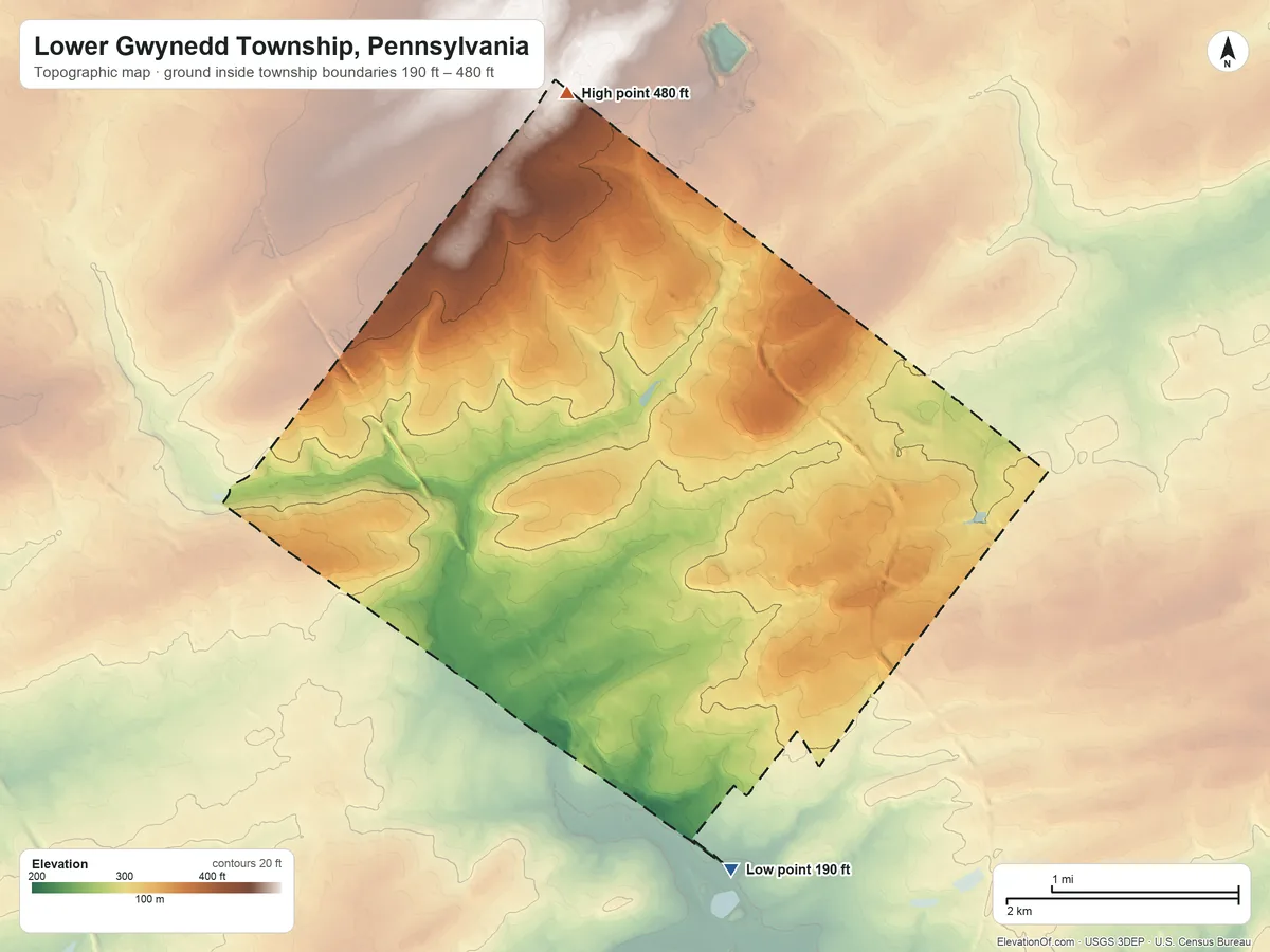 Topographic elevation map of Lower Gwynedd Township, Pennsylvania, shaded from 190 ft on the south side to 480 ft on the north side
