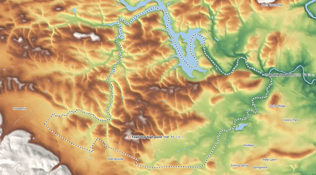 Topographic elevation map of Lower Heidelberg Township, Pennsylvania, shaded from 220 ft on the northeast side to 560 ft on the west side