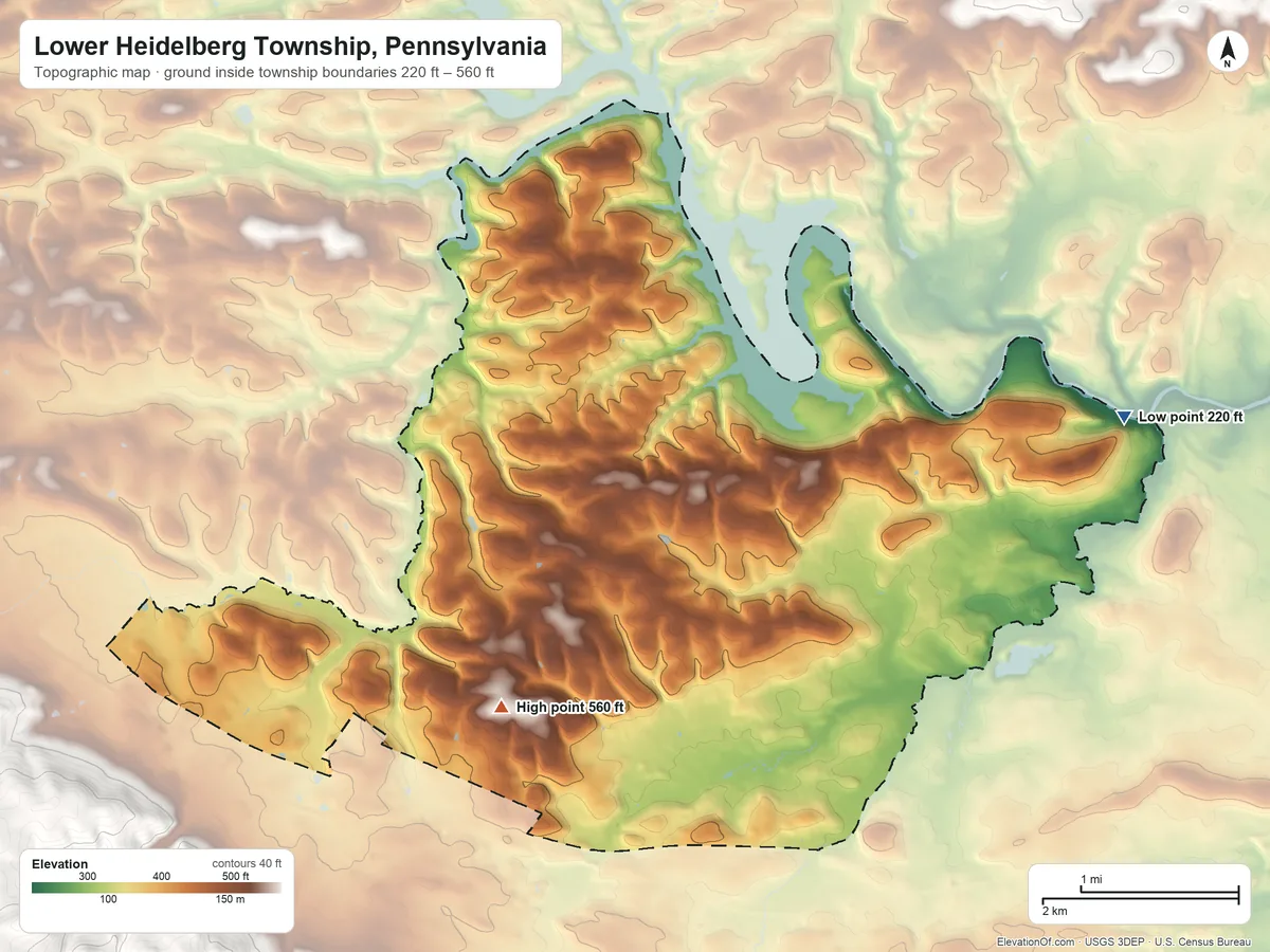 Topographic elevation map of Lower Heidelberg Township, Pennsylvania, shaded from 220 ft on the northeast side to 560 ft on the west side